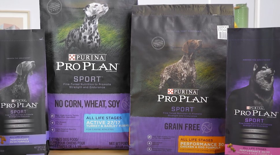 Assorted Purina Pro Plan dog food bags