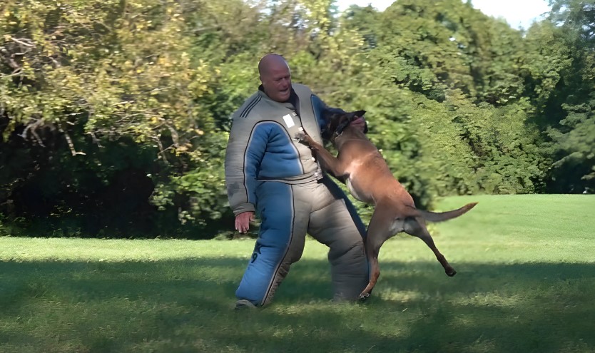 K9 training in progress; a protective suit-clad handler and a Belgian Malinois engage in a dynamic exercise