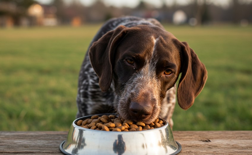 Brown hunting dog eating food from a bowl
