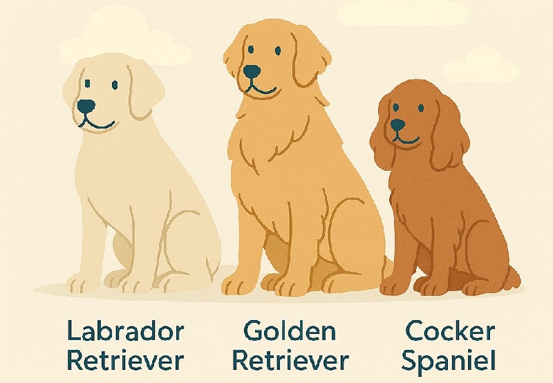 Illustration of Labrador Retriever, Golden Retriever, and Cocker Spaniel, dog breeds known for their gentle retrieve game instincts