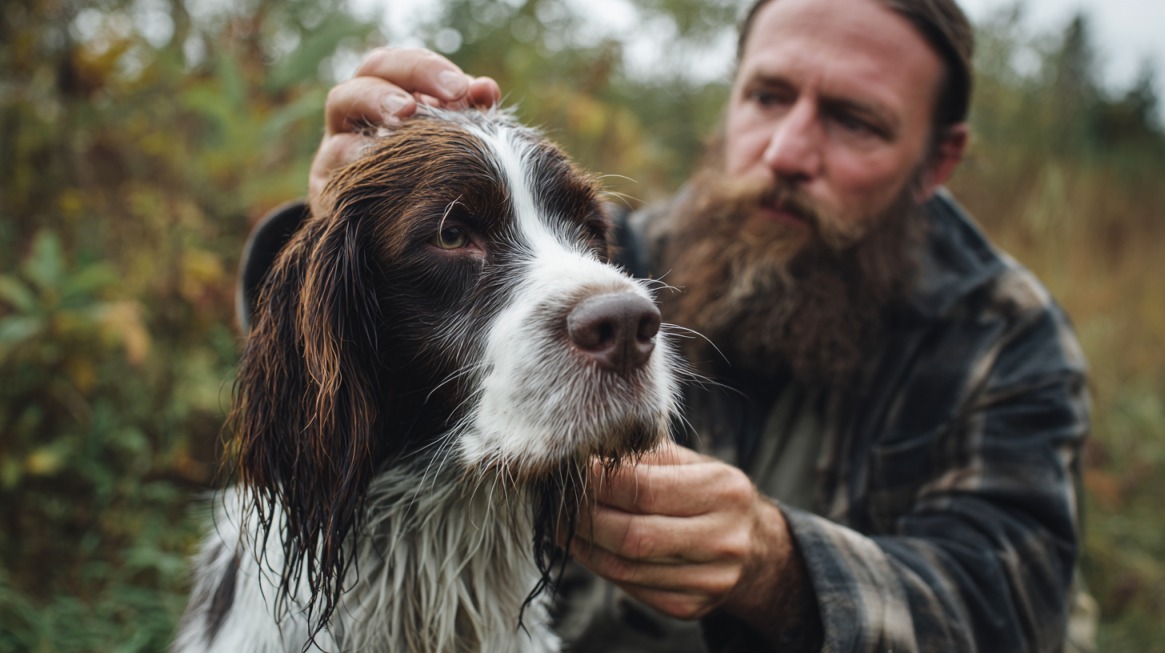 Bearded man grooming a long-haired hunting dog outdoors, checking its coat and ears