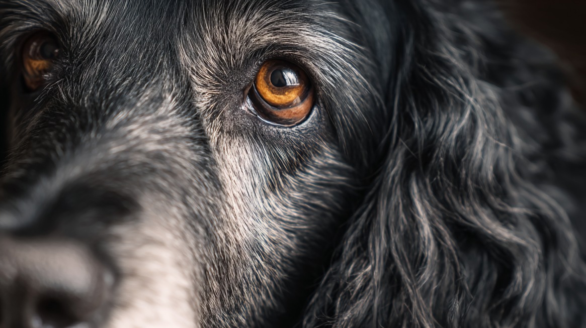 Close-up of a long-haired hunting dog’s eye, showing fine details of its fur and attentive gaze