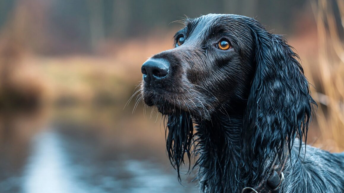 Close-up of a wet long-haired hunting dog with amber eyes near a body of water