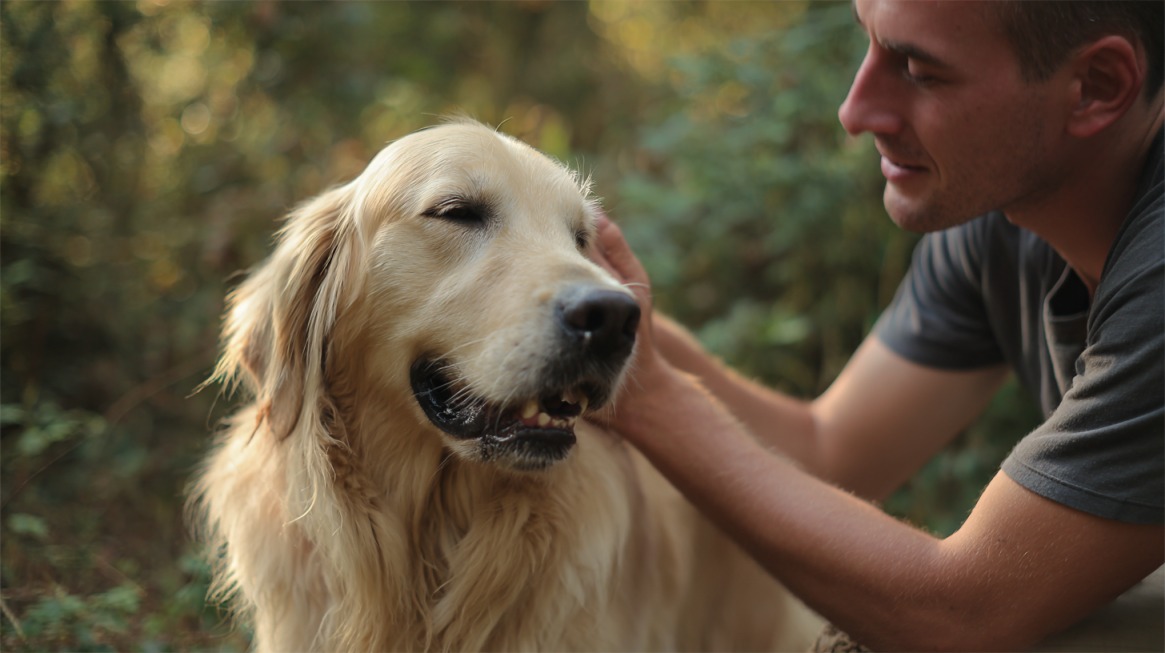 A man gently petting and grooming a golden retriever outdoors, with the dog looking relaxed and content