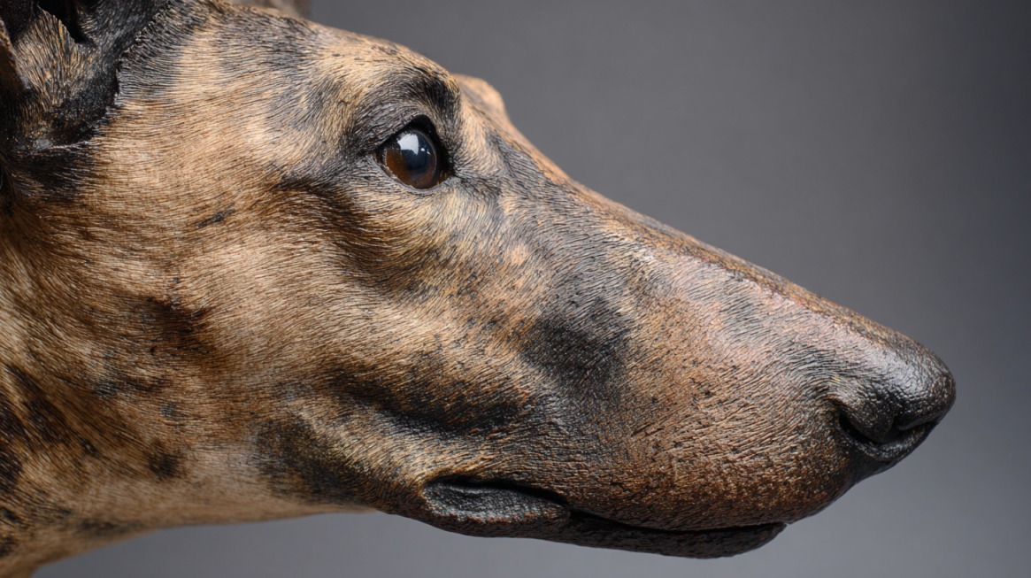 Close-up profile of a focused hunting dog with a keen expression, symbolizing advanced scent training development