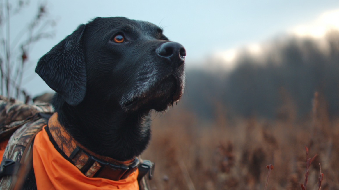 Focused black hunting dog wearing an orange bandana outdoors, symbolizing advanced scent work and readiness for competition