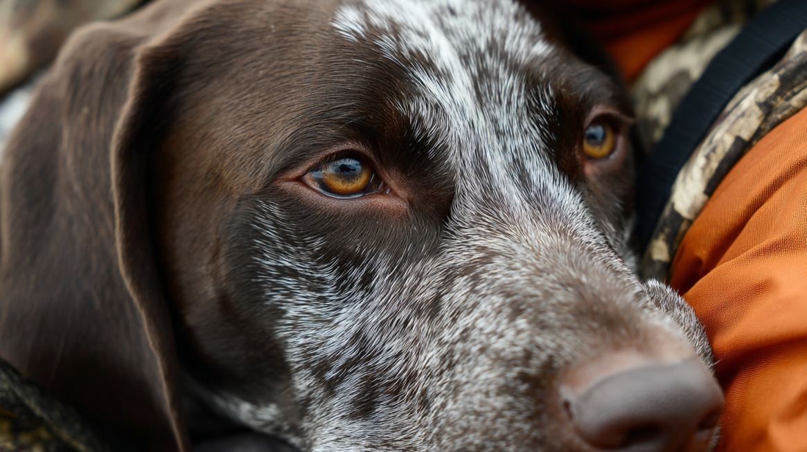 Close-up of a hunting dog’s face resting calmly, showing focus and alert eyes