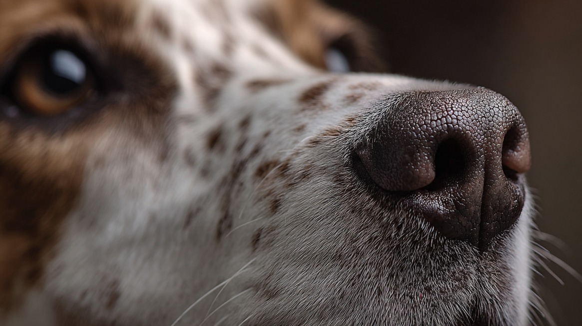 Close-up of a dog’s nose with detailed texture, highlighting its powerful sense of smell