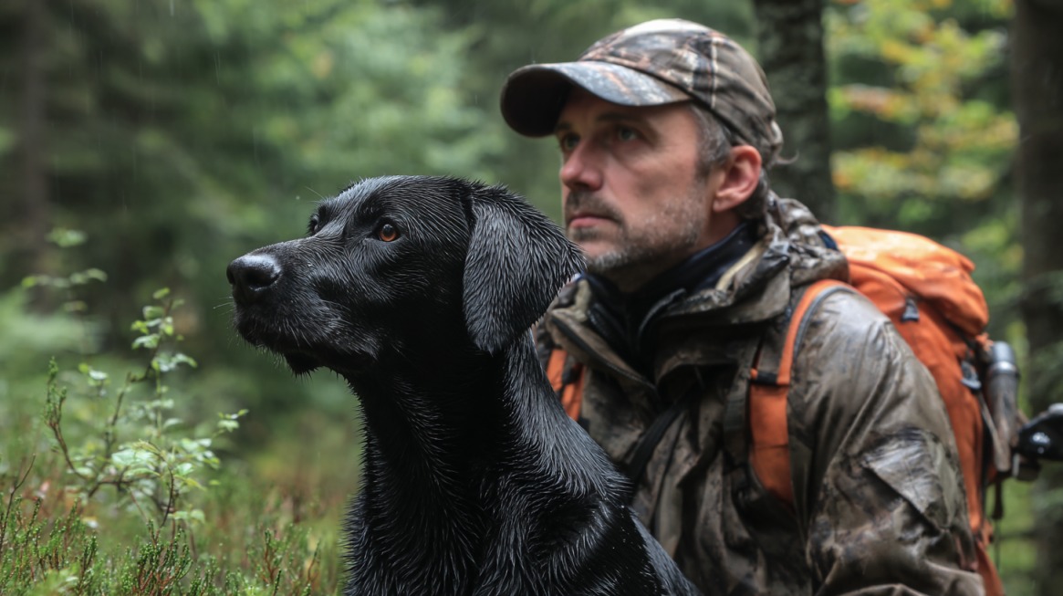 Hunting dog and trainer in the forest, both alert and focused during scent training drills